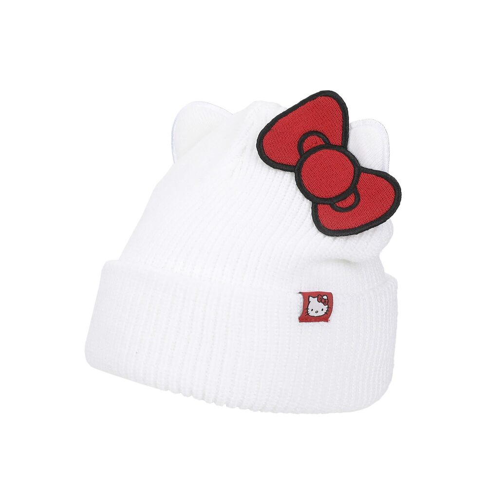 4993 Hello Kitty Novelty Ear White Acrylic Beanie Cut Fabric Bow